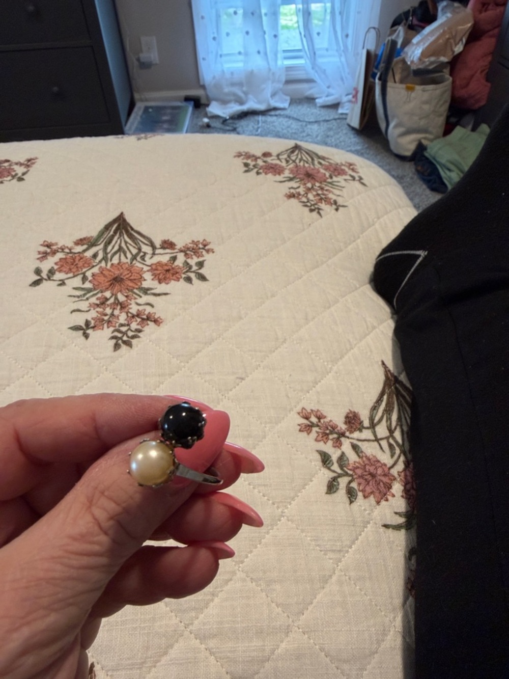 Vintage Double Pearl Accent Ring - Black and Cream Spheres Adjustable
